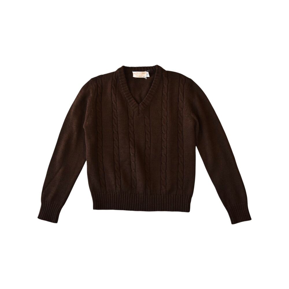 Vintage 80s Dark Brown Cable Knit V Neck Sweater Size Medium